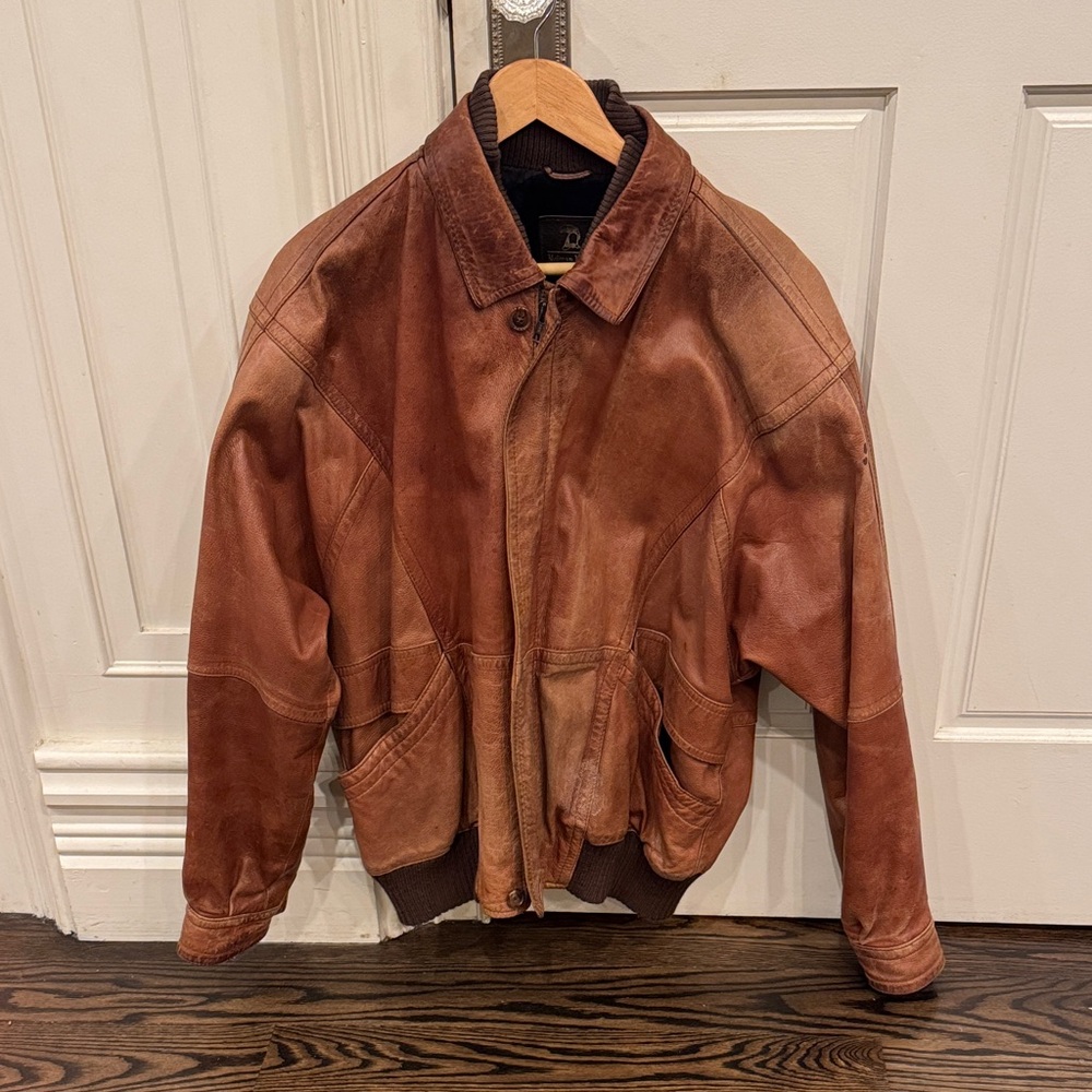 Neiman Marcus Tan Leather Bomber Jacket